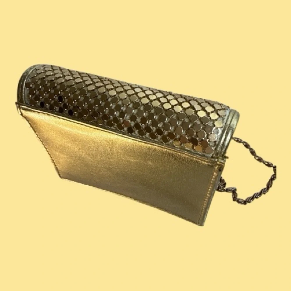 Gold Metallic Sparkle Square Clutch Bag with Shoulder Strap